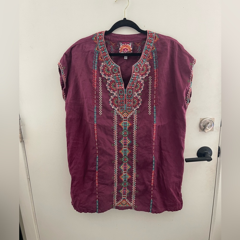JOHNNY WAS Verena Linen Boho Easy Yoke Tunic Burgundy